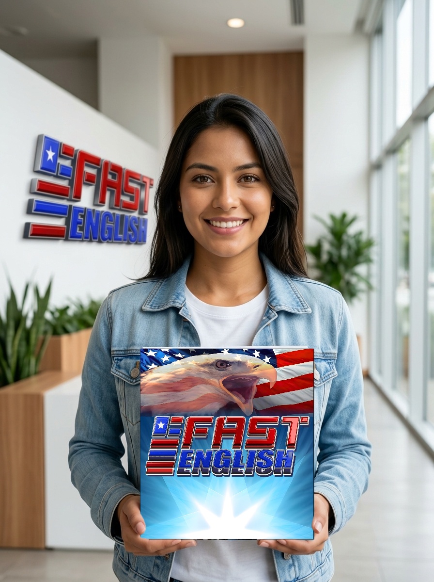 Estudiante en sede FAST ENGLISH Cali sosteniendo el libro oficial con el águila y la bandera de Estados Unidos